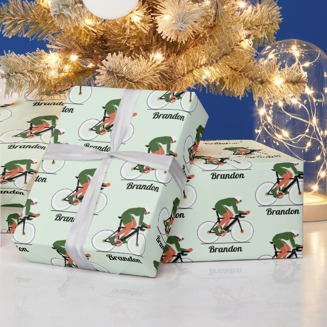 Modern Cycling Illustration Cyclist Kids Boy Name Wrapping Paper (Holidays)