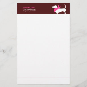 Modern Dachshund in Pink Scarf on Chocolate Stationery