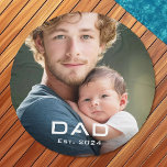 Modern dad est year father's day new baby photo beach towel<br><div class="desc">Round beach towel featuring your photo and the text "Dad" in a modern font with the est year below as a white overlay.</div>