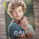 Modern dad est year father's day new baby photo jigsaw puzzle<br><div class="desc">Photo jigsaw puzzle featuring your photo and the text "Dad" in a modern font with the est year below as a white overlay.</div>