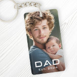 Modern dad est year father's day new baby photo keychain<br><div class="desc">Photo keychain puzzle featuring your photo and the text "Dad" in a modern font with the est year below as a white overlay.</div>