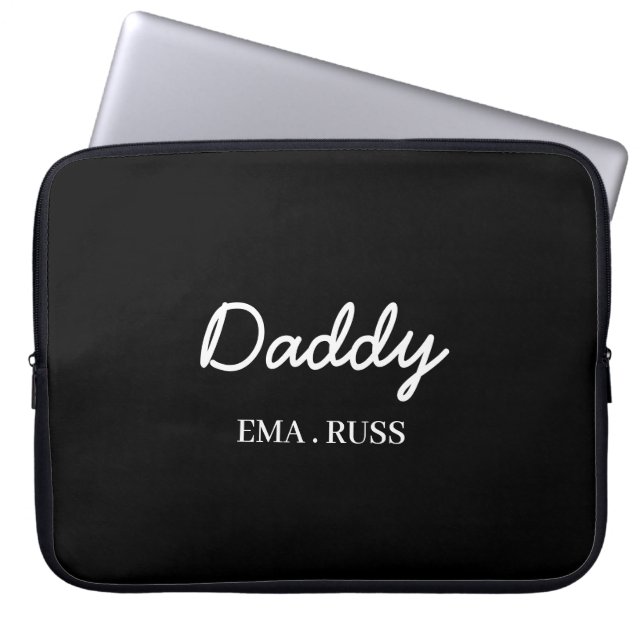 Modern Dad Kids Names Father’s Day Script Black Laptop Sleeve (Front)