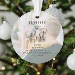 Modern 'DADDY' 2 Photo Names & Quote Christmas Ornament<br><div class="desc">Let dad know how much he means to you with this beautifully designed 2 photo Christmas ornament. Featuring 2 of your favorite pictures, a white overlay, the text 'Daddy you are the Best', name/s and a sweet quote. All text is easily customized using the template provided. Keep the original text...</div>