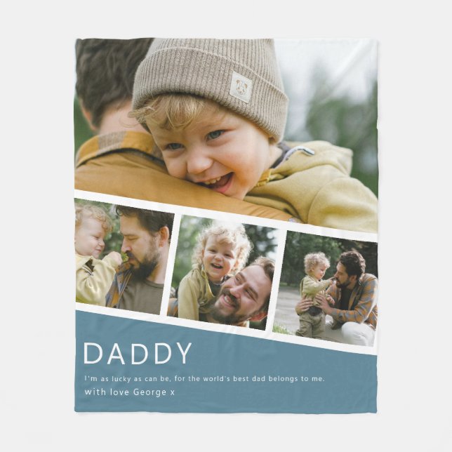 Modern Daddy Photo Strip Collage Blue Fleece Blanket (Front)