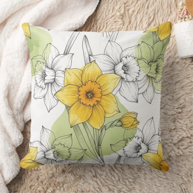 Modern Daffodil Botanical Pattern (1) Throw Pillow (Blanket)