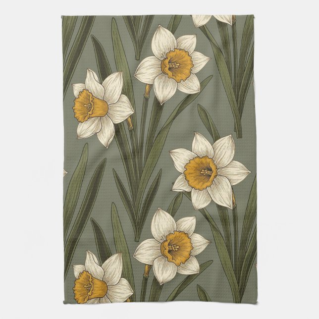 Modern Daffodil Botanical Pattern (2) Kitchen Towel (Vertical)