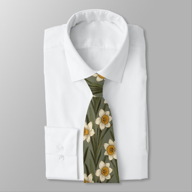 Modern Daffodil Botanical Pattern (2) Neck Tie (Tied)