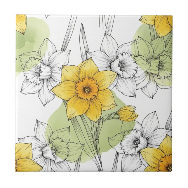 Modern Daffodil Botanical Pattern Ceramic Tile (Front)