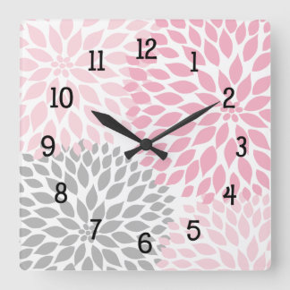 Modern Dahlia flowers pink and gray gray Square Wall Clock