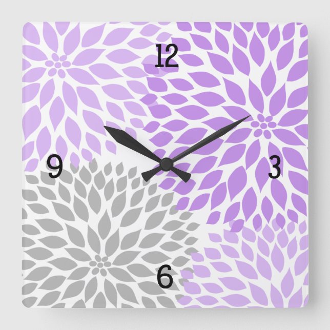 Modern Dahlia flowers purple lavender gray #2 Square Wall Clock (Front)