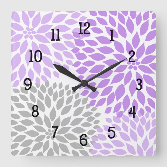 Modern Dahlia flowers purple lavender gray gray Square Wall Clock (Front)