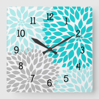 Modern Dahlia flowers turquoise blue gray grey Square Wall Clock