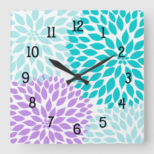 Modern Dahlia flowers turquoise lavender purple Square Wall Clock