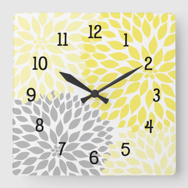 Modern Dahlia flowers yellow and gray grey Square Wall Clock (Front)
