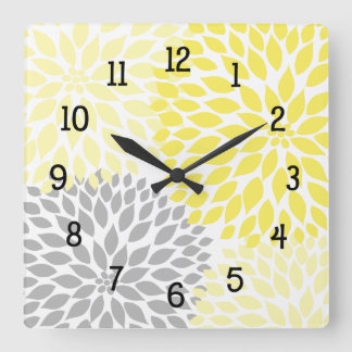 Modern Dahlia flowers yellow and gray grey Square Wall Clock