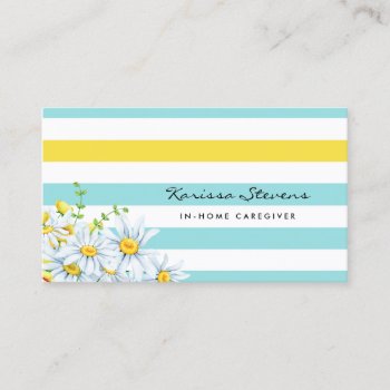 Modern Daisies Aqua And Yellow Stripes Caregiver Business Card by GirlyBusinessCards at Zazzle