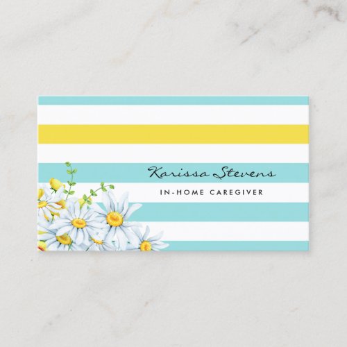 Modern Daisies Aqua and Yellow Stripes Caregiver Business Card