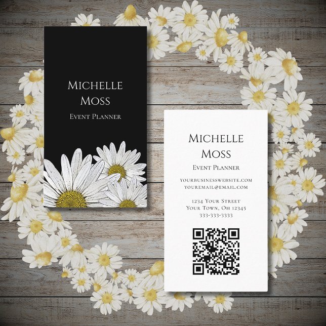 Modern Daisies Botanical QR code Trendy Black Business Card (Creator Uploaded)