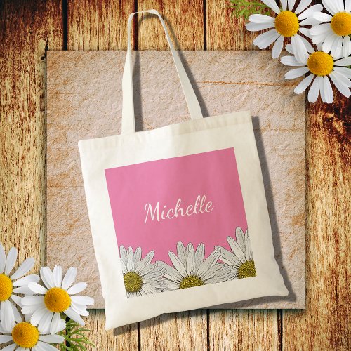 Modern Daisies Cute Pink Floral Tote Bag