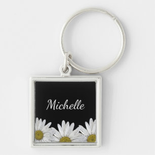 Modern Daisies Floral Rustic Black White Keychain