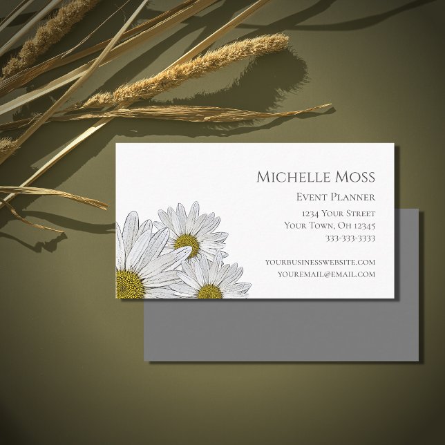 Modern Daisies Floral Trendy Gray White Business Card (Creator Uploaded)
