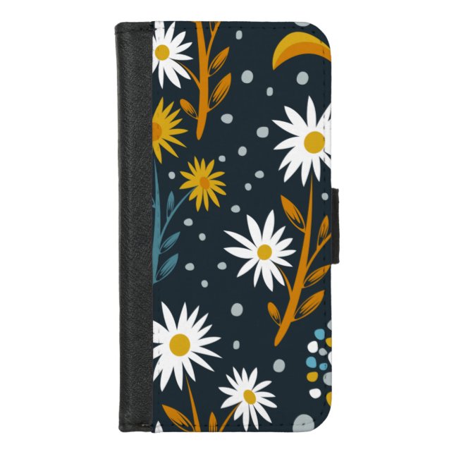 Modern Daisies Pattern on Dark Blue iPhone Wallet Case (Front)