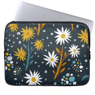 Modern Daisies Pattern on Dark Blue Laptop Sleeve