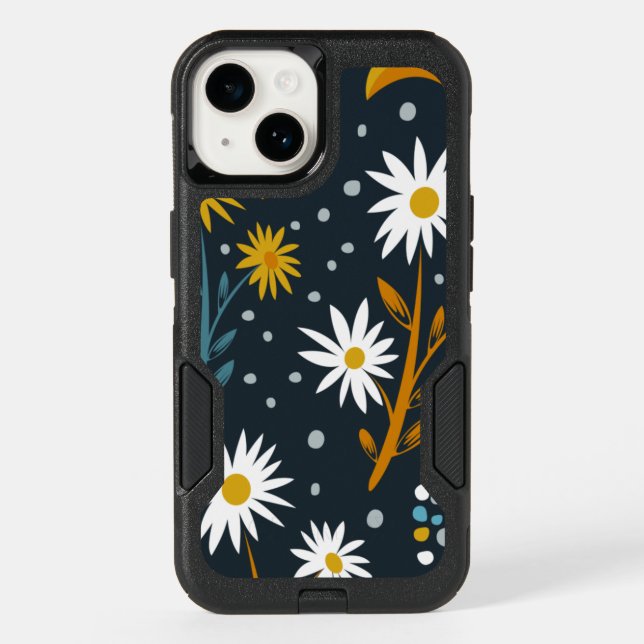 Modern Daisies Pattern on Dark Blue Otterbox iPhone Case (Back)