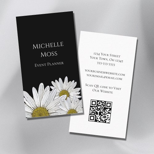 Modern Daisies QR code Black White Floral Business Card