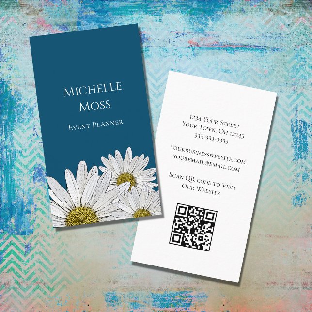 Modern Daisies QR code Floral Blue Business Card (Creator Uploaded)