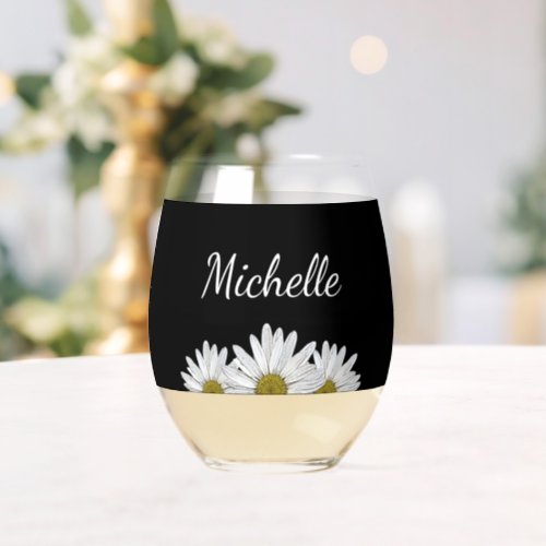 Modern Daisies Rustic Floral Black Stemless Wine Glass