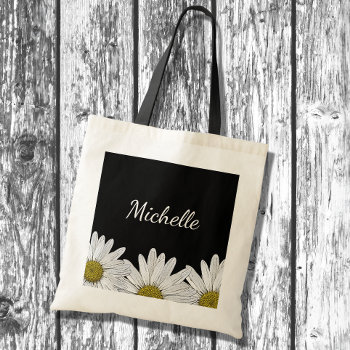 Modern Daisies Rustic Floral Black White Tote Bag by IndiamossPaperCo at Zazzle