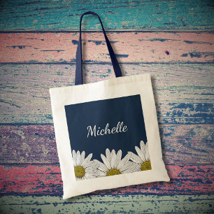 Modern Daisies Rustic Floral Navy Blue Tote Bag