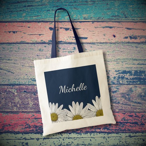 Modern Daisies Rustic Floral Navy Blue Tote Bag