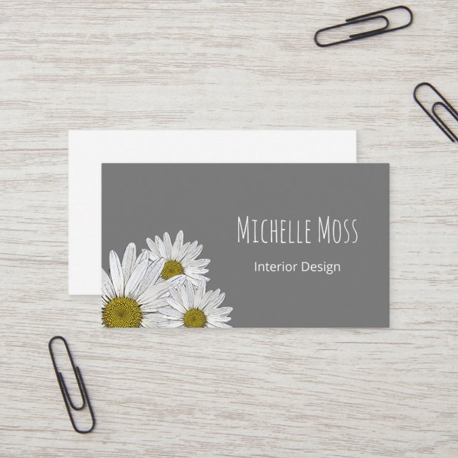 Modern Daisies Trendy Botanical Gray Business Card (Front/Back In Situ)