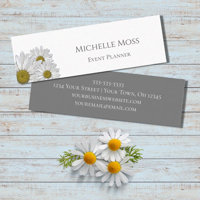 Modern Daisies Trendy Floral Gray White Mini Business Card (Creator Uploaded)