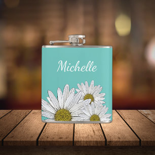 Modern Daisies Trendy Teal Green Botanical Flask