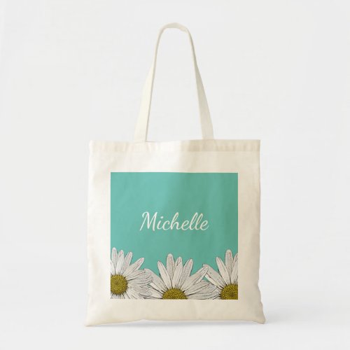 Modern Daisies Trendy Teal Green Floral  Tote Bag