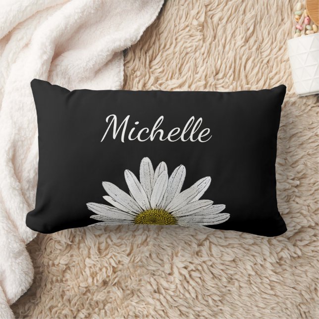 Modern Daisy Black White Cute Floral Lumbar Pillow (Blanket)