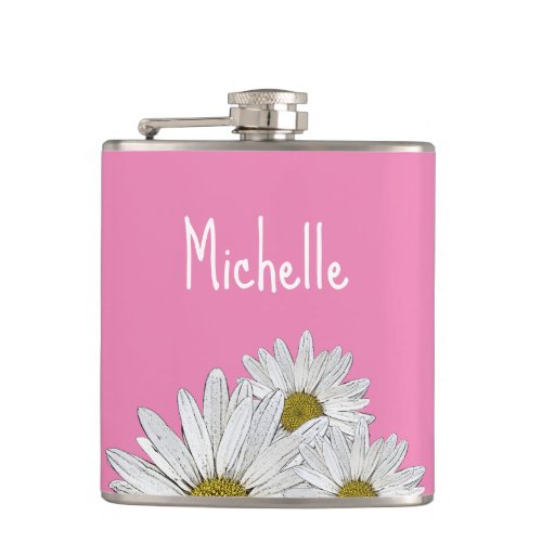 Modern Daisy Elegant Floral Pink Personalized Flask