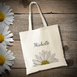 Modern Daisy Elegant Floral Script Typography   Tote Bag<br><div class="desc">Modern peeking daisy tote bag,  with an elegant floral and script typography design. With gray customizable lettering,  you can add your own name. Stylish accessory for shopping and when you are on the go, </div>
