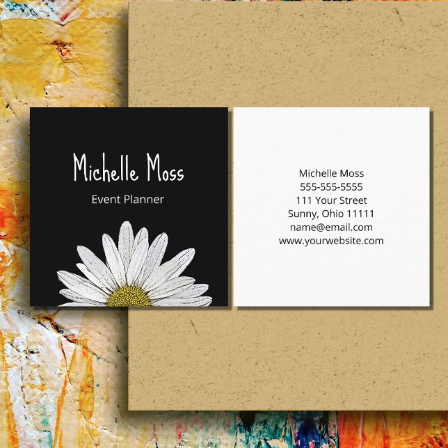 Modern Daisy Event Planner Botanical Black White Square Business Card (Creator Uploaded)