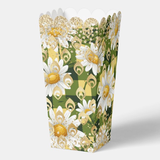 Modern Daisy Floral Checkerboard Gold Glitter Favor Boxes (Front)