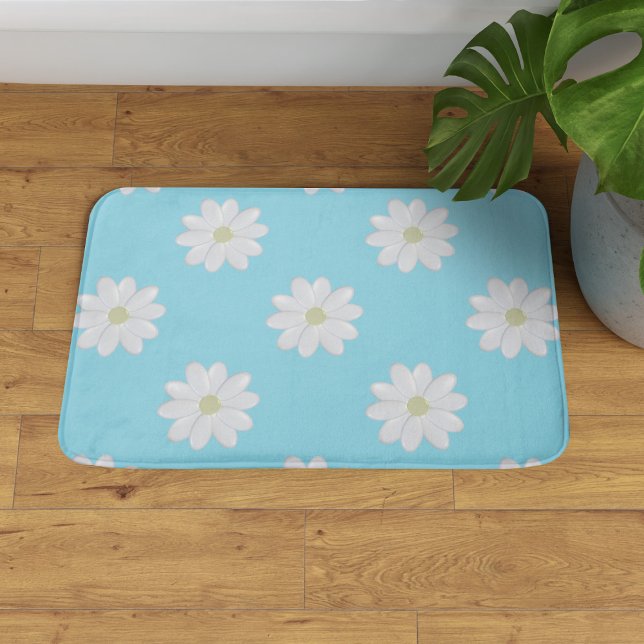 Modern Daisy Pattern Aqua Blue Bath Mat (A pretty daisy pattern aqua blue bath mat)
