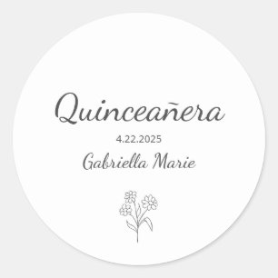 Modern Daisy Quinceañera Elegant Gray Typography Classic Round Sticker