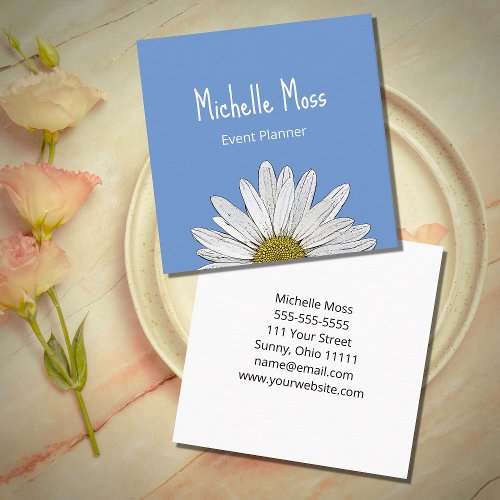 Modern Daisy Simple Botanical Simple Blue  Square Business Card