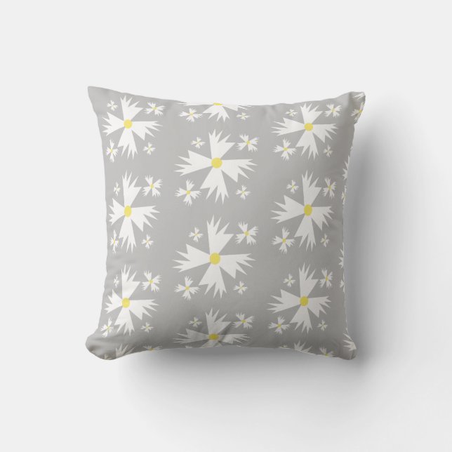 Modern Daisy White Yellow and Gray Floral Pattern Throw Pillow (Front)