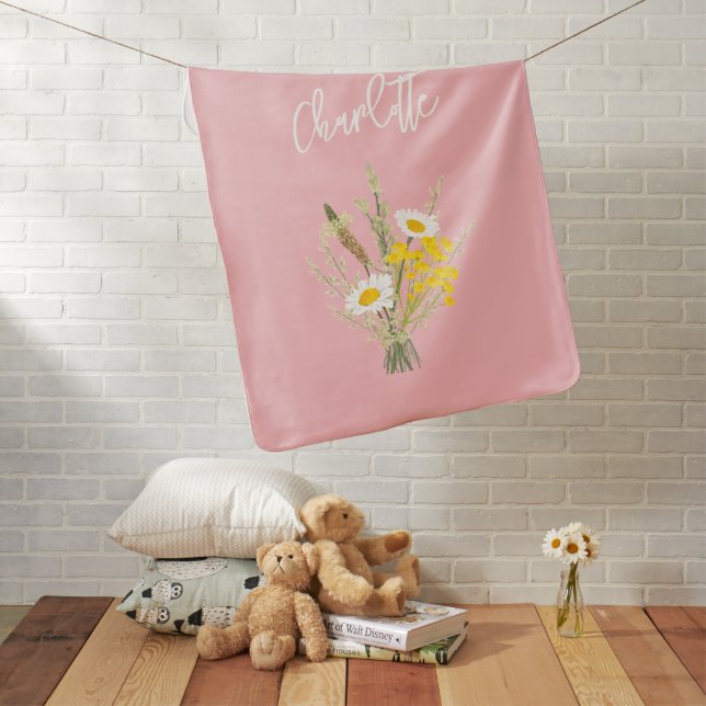 Modern Daisy Wildflowers Custom Monogram Baby Blanket (In Situ)
