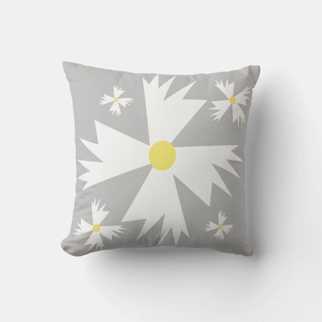 Modern Daisy Yellow and Gray Floral Pattern Throw Pillow (Front)