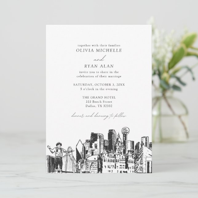 Modern Dallas Texas Skyline Black & White Wedding Invitation (Standing Front)